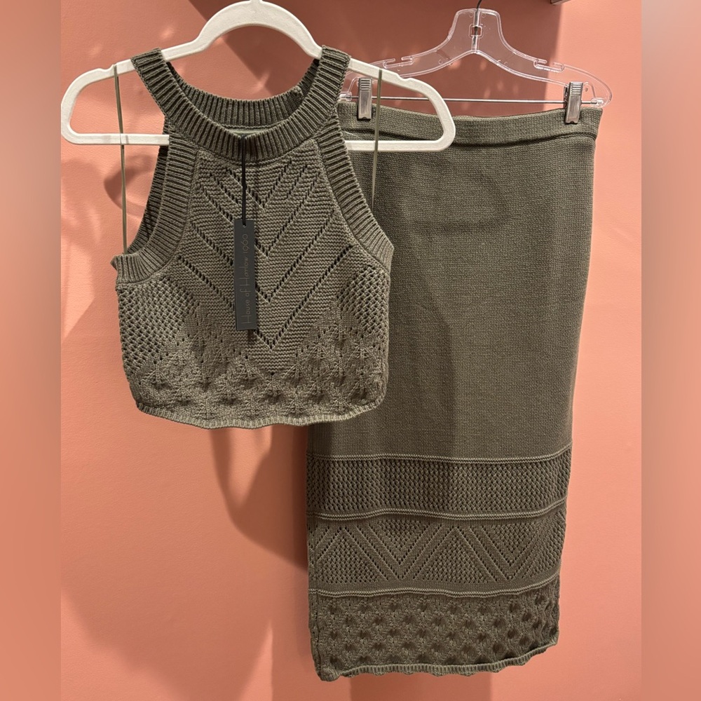 Olive Green Knit Crop Top and Skirt Set